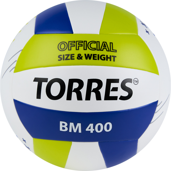 Мяч вол. TORRES BM400, V42315, р.5, синт. кожа (ТПУ), клееный, бут.кам., бело-сине-зелен