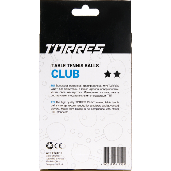 Мяч для наст. тенниса TORRES Club 2*, TT23013, диам. 40+ мм, упак. 6 шт, оранжевый