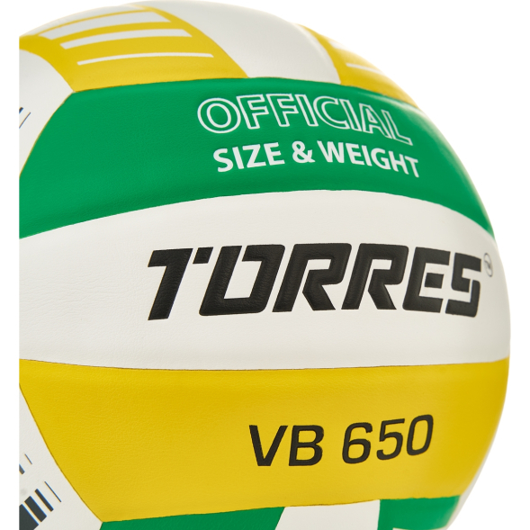 Мяч вол. TORRES VB 650, V32425, р.5, синт.кожа полиуретан, клееный, бут.кам, бел-зелено-желт