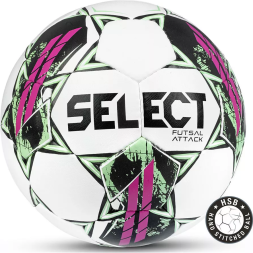 Мяч футзал. SELECT Futsal Attack V22 Grain, 1073460009, р.4, 32п, ПУ, руч.сш, бел-зел-фиол